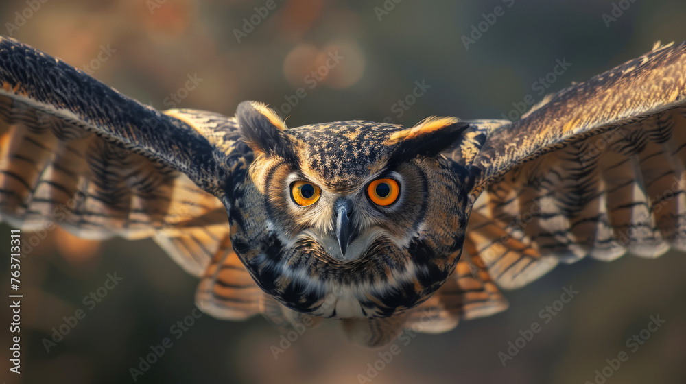 Obraz premium Small owl in flight amongst autumn foliage, focused eyes and spread wings capturing the essence of the wild