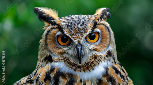 Owl with striking orange eyes and detailed feathers, perched and observant in its natural habitat © thanakrit
