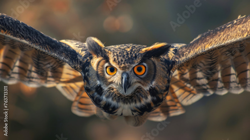 Small owl in flight amongst autumn foliage, focused eyes and spread wings capturing the essence of the wild