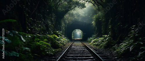 Railway tunnel in a forest overgrown by plants and trees.