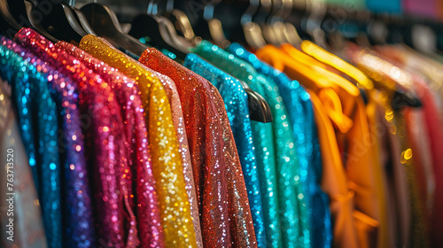 Close up portrait of colourful shiny frocks hanging on hangers at clothing store, 
