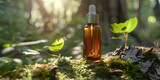 Amber glass bottle pipette with serum, essential oil on green moss, Bottle mockup with dropper on nature background, 