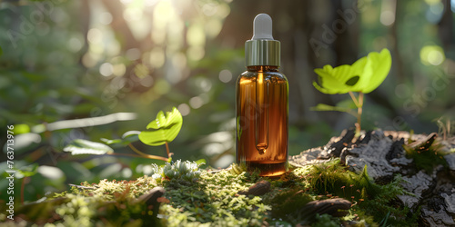 Amber glass bottle pipette with serum, essential oil on green moss, Bottle mockup with dropper on nature background,  photo