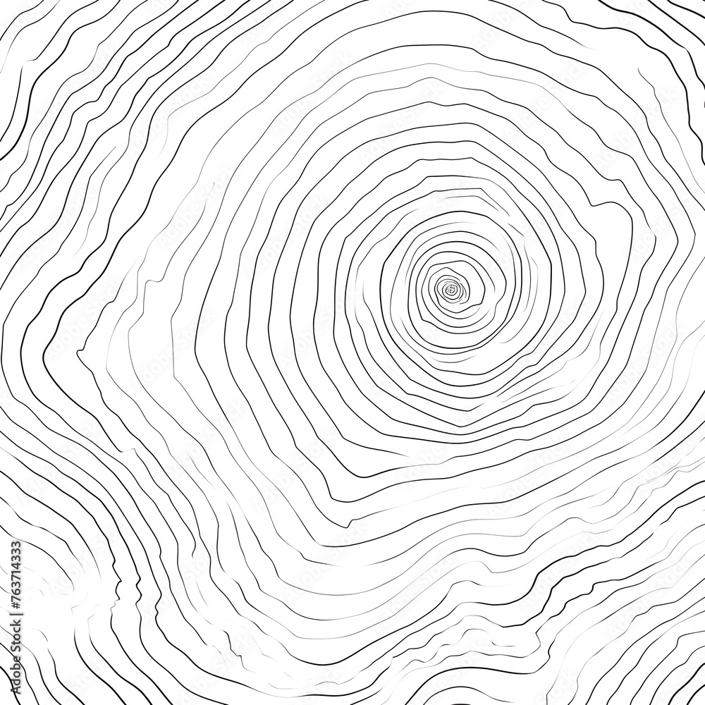 A hand-drawn, wavy concentric tree ring pattern with an editable stroke, created from a sliced tree trunk with a ripple ring line pattern shape in organic wood on white and transparent background