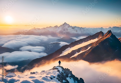 Wide angle, Young man standing on a mountain peak high above the rolling clouds, warm evening light, Backpack Travel concept