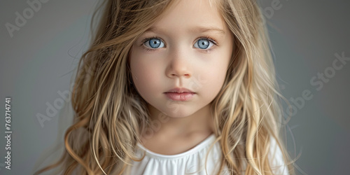 portrait photography of an adorable little girl, long blonde hair, blue eyes, wearing white, generative AI