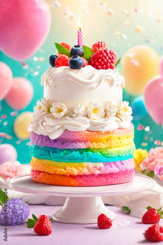 Birthday greeting card. Rainbow cake with cream cheese frosting with candles.