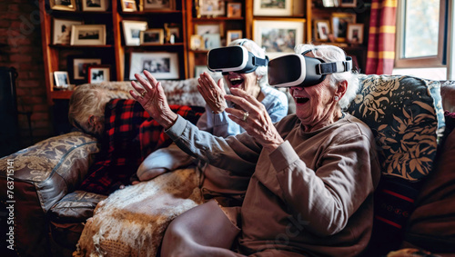Two grandmothers interact with VR virtual reality glasses in their home. Digital graphics enhance the real-world atmosphere of a traditional living room. Elderly people and future technology.