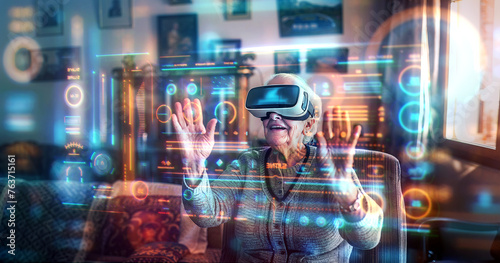 A grandmother interacts with VR virtual reality glasses in her home. Digital graphics enhance the real-world atmosphere of a traditional living room. Elderly people and future technology.
