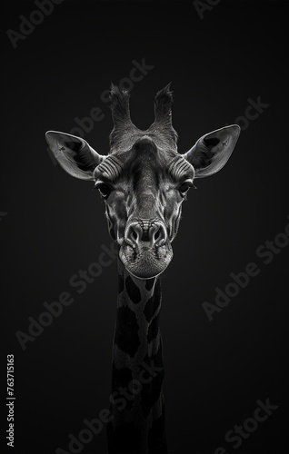 Majestic Giraffe Portrait in Monochrome Black and White, Isolated on Black Background.  Generative AI.  © Carl & Heidi