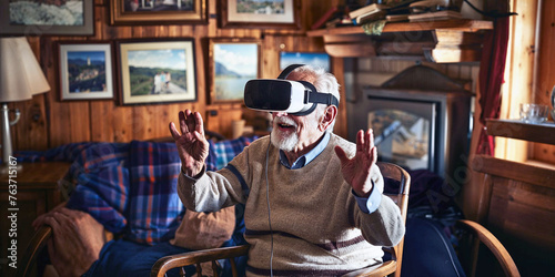A grandfather interacts with VR virtual reality glasses in his home. Digital graphics enhance the real-world atmosphere of a traditional living room. Elderly people and future technology. photo