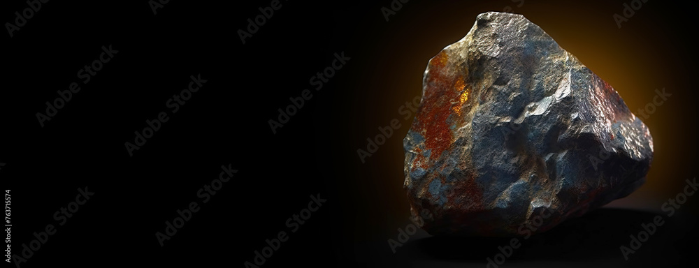 Fourmarierite is rare precious natural stone on black background. AI generated. Header banner mockup with space.