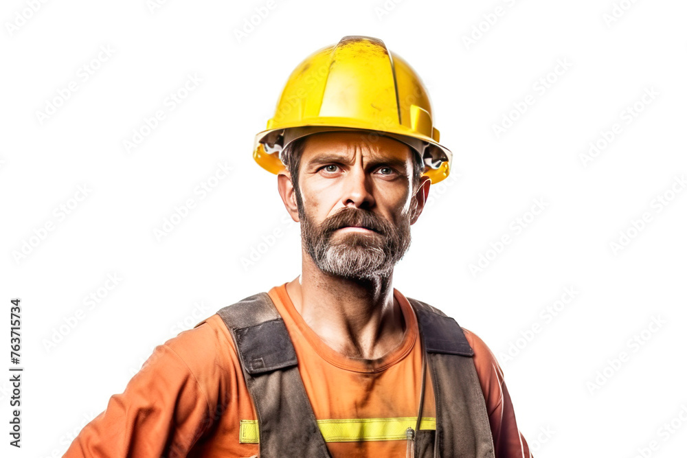 Close up of mountain worker male miner in uniform with tool, stern angry, white background isolate. Close up of mountain worker male miner in uniform with tool, stern angry, white background isolate.