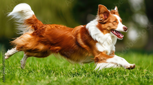 Adult brown white border collie run very fast in training day. Happy dog jump side view