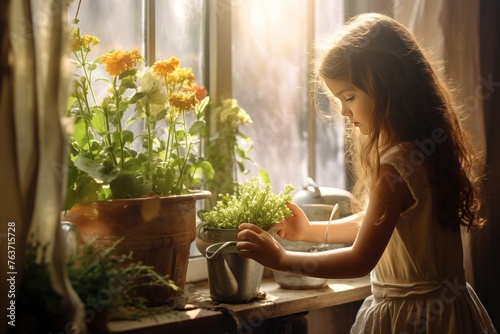 A beautiful girl takes care of home flowers on the window in the evening.