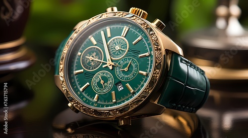 An exquisite wristwatch positioned on a pristine white mockup against a rich emerald green background, capturing the intricate details with HD clarity.