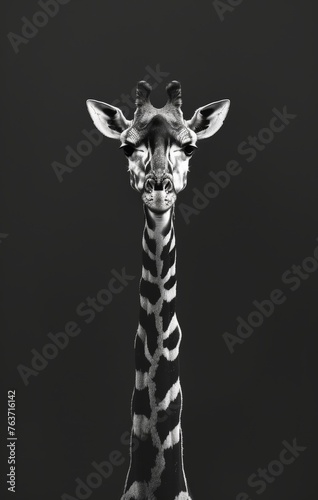 Majestic Giraffe Portrait in Monochrome Black and White, Isolated on Dark Background. Generative AI. 