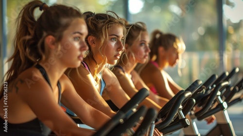 Girls on exercise bikes at the gym.