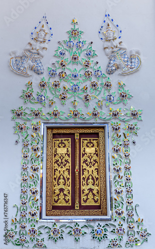 Thai Style  Temple window, Thai Temple window, golden painting window decorated with glass and ceramic