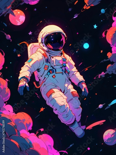 astronaut floating in space illustration in colorful neon style