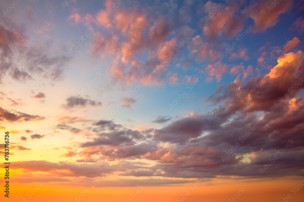 Amazing real sky - Vibrant  colors Panoramic Sunrise Sundown Sanset Sky with colorful clouds. Without any birds.  Natural Cloudscape - obrazy, fototapety, plakaty 