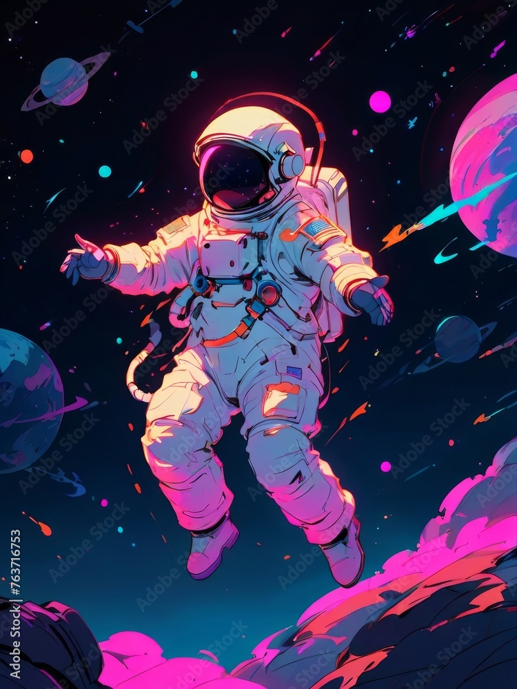 astronaut floating in space illustration in colorful neon style astronaut floating in space illustration in colorful neon style