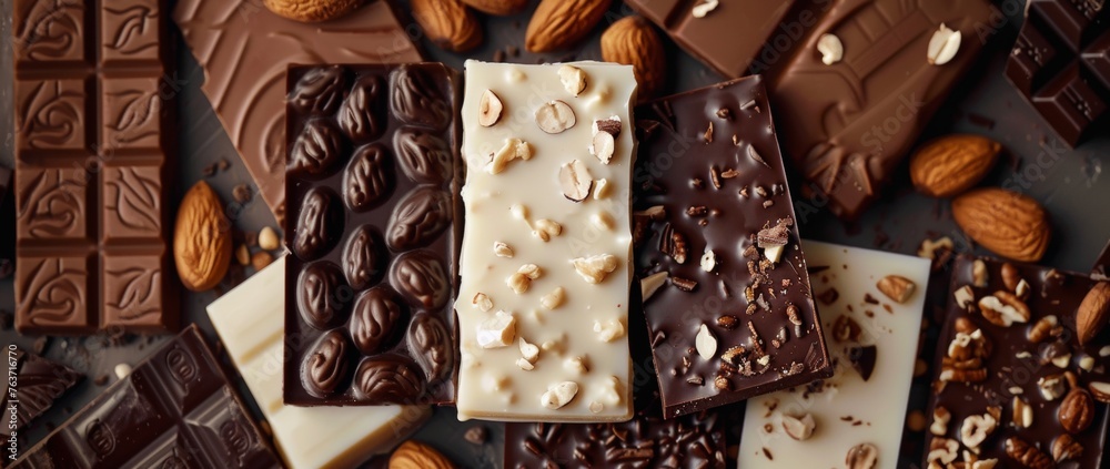 An array of assorted chocolate bars, including white, milk, and dark chocolate, accompanied by nuts on a dark surface An array of assorted chocolate bars, including white, milk, and dark chocolate, accompanied by nuts on a dark surface