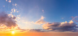 Amazing real sky - Gentle colors Panoramic Sunrise Sundown Sanset Sky with colorful clouds. Without any birds. Large panoramic sky with sun.