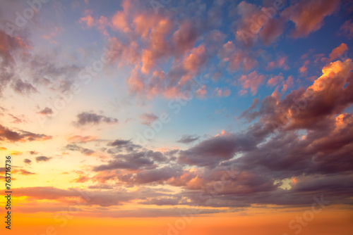 Amazing real sky - Vibrant  colors Panoramic Sunrise Sundown Sanset Sky with colorful clouds. Without any birds.  Natural Cloudscape © Taiga