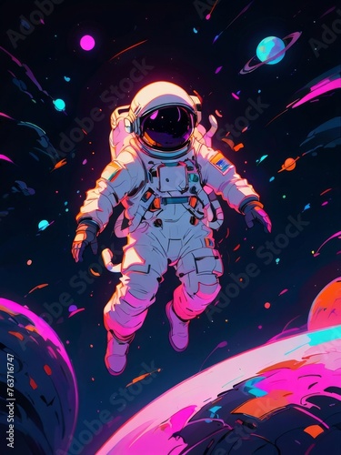 astronaut floating in space illustration in colorful neon style