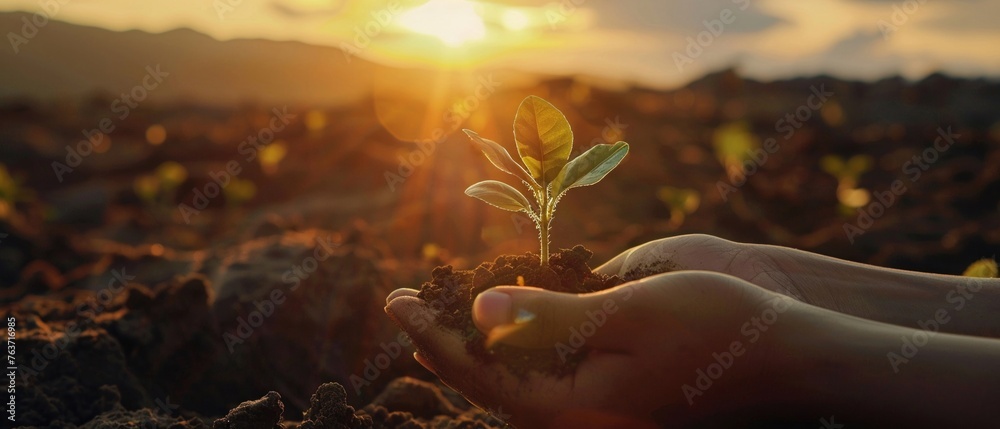 A Hands cradle a young plant in soil against a sunrise - obrazy, fototapety, plakaty 