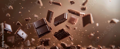 Pieces of dark chocolate bars are floating in the air with chocolate dust and chunks scattered around, against a beige background