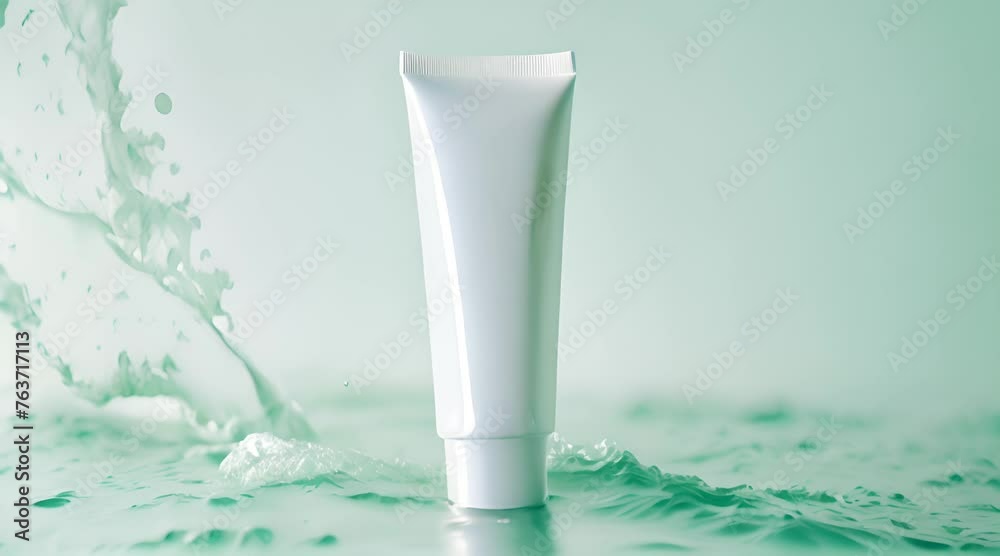 A blank tube of cream stands amid a splash of water, emphasizing the product's hydrating qualities and freshness