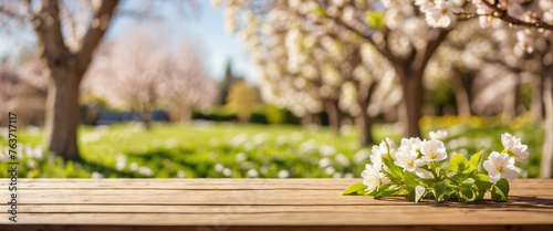 Spring background with empty wooden table. Spring product display banner.