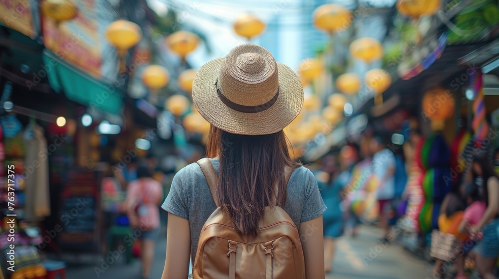 Young Asian woman traveler tourist walking at outdoor market in Bangkok in Thailand. People traveling, summer vacation and tourism