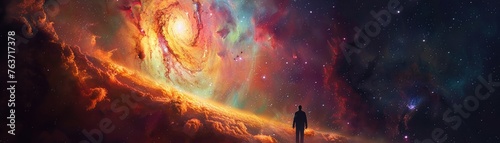 A lone figure stands before a portal showcasing a vibrant cosmic galaxy photo