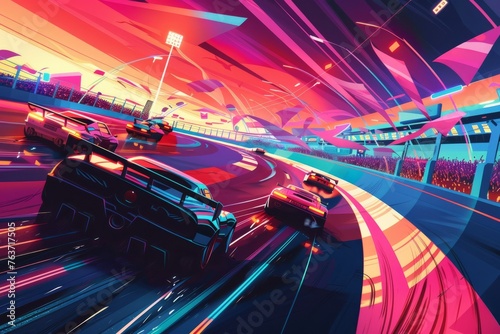 A dynamic wallpaper illustration showcasing an 80s-inspired race track, with sleek racing cars speeding around corners, cheering crowds, and colorful banners fluttering in the breeze, Generative AI photo