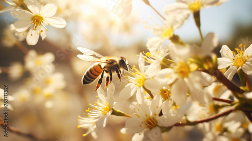 Wide close-up bee in nature perching and pollinating blooming flowers outdoors under warm sunlight created with Generative AI Technology