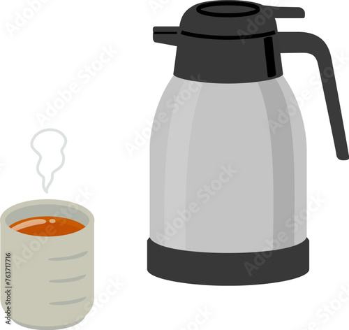 湯呑みに入った温かいお茶と保温ポット