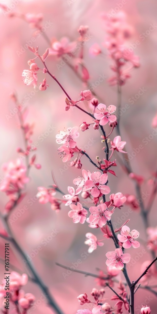 Pink flowers, sakura, blooms in spring, 3d, background image for mobile phone, ios, Android, banner for instagram stories, vertical wallpaper.