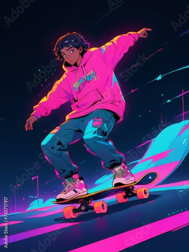 skateboard freestyler illustration in colorful neon style