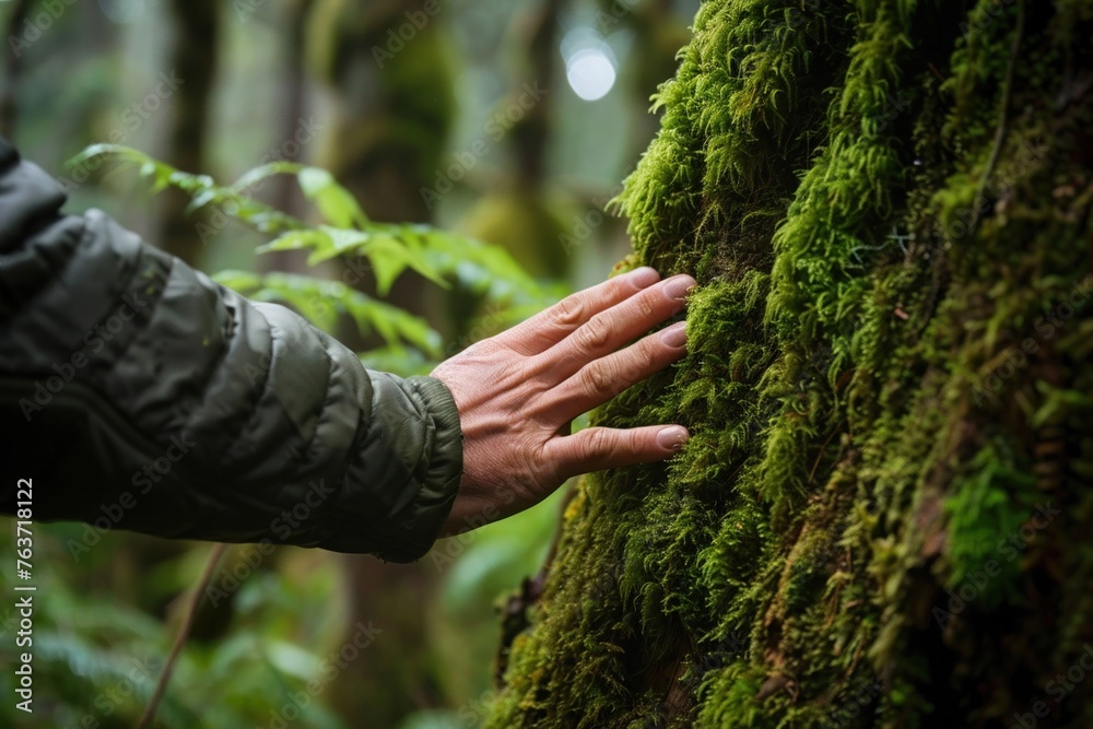 A persons hand gently touches a moss-covered tree