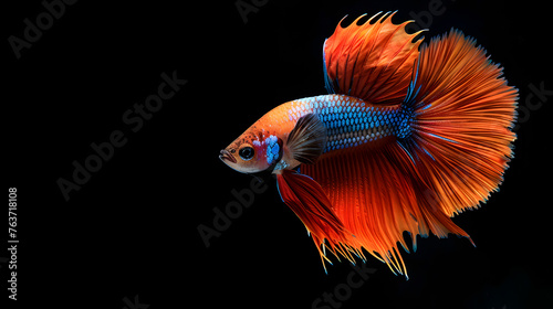 An electric blue Betta fish with vibrant fins is gracefully swimming in the dark underwater of an aquarium, showcasing its beauty as a rayfinned fish