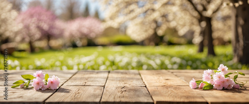 Spring background with empty wooden table. Spring product display banner.