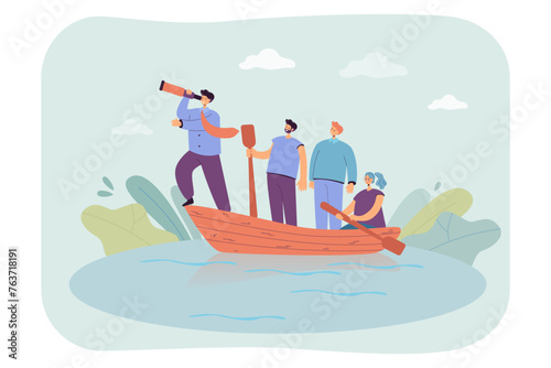 Leader with spyglass showing direction to team. Vector illustration. People sailing in boat. Leadership, leader infuence concept
