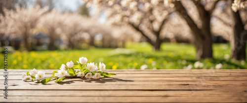 Spring background with empty wooden table. Spring product display banner.