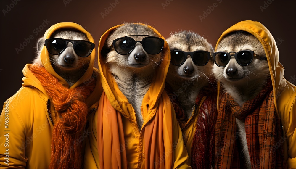 Meerkat in a group, trendy bright vibrant outfits isolated on solid background advertisement, copy text space