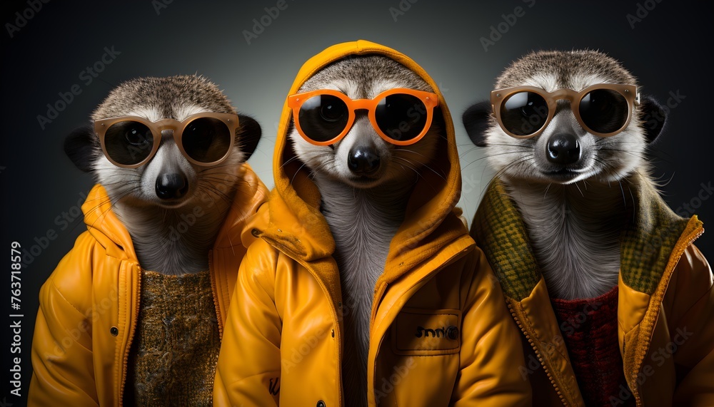 Meerkat in a group, trendy bright vibrant outfits isolated on solid background advertisement, copy text space