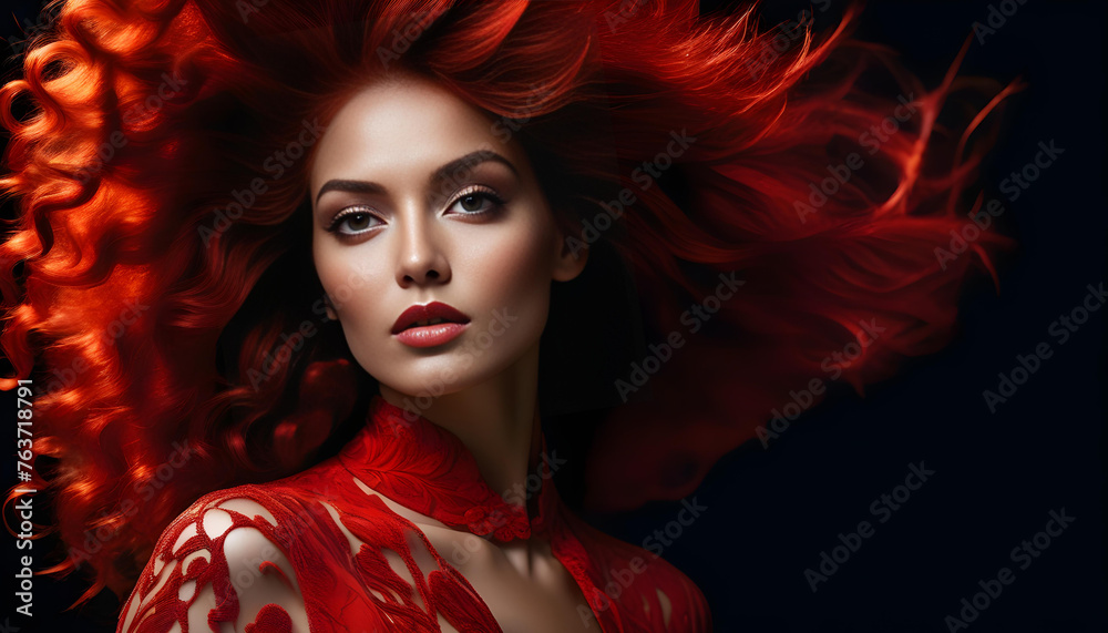 A woman wearing a bold red outfit with flowing hair and piercing eyes, against a dark background A woman wearing a bold red outfit with flowing hair and piercing eyes, against a dark background