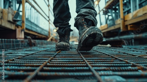 Close up of worker walking on metal platform at construction site.